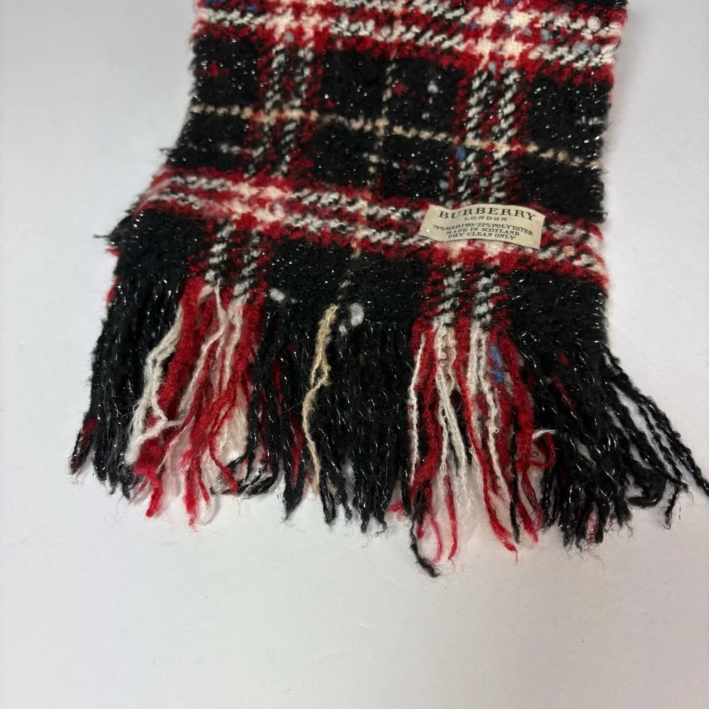 Burberry London Nova Check Black Red Merino Wool Blend Fringe Scarf - Picture 4 of 10